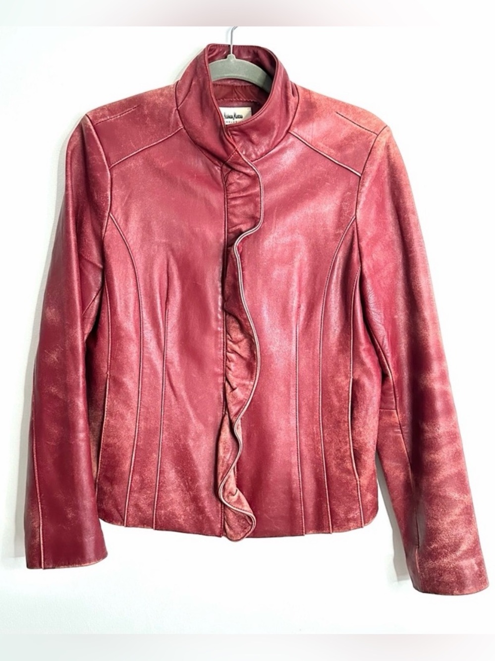 Neiman Marcus Red Leather Ruffle-Front Jacket